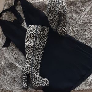 Vintage leopard print fur knee high platform boots